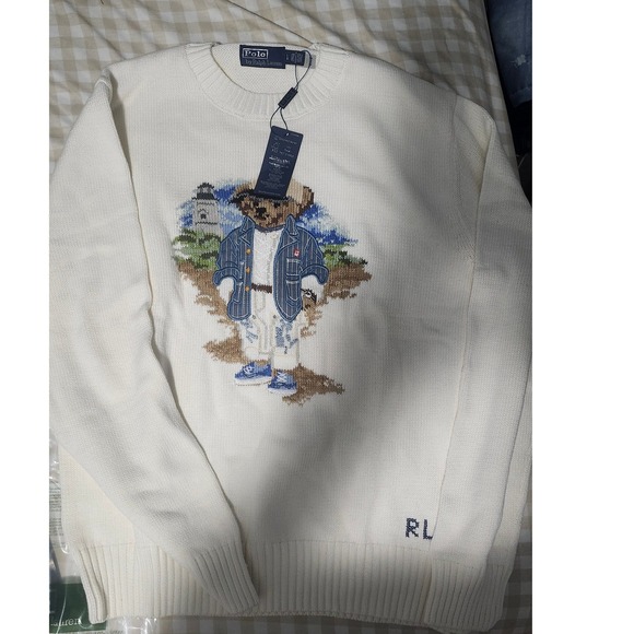 Polo Ralph Lauren Polo Bear Sweater Intarsia Knit Cream Nautical Lighthouse NWT - Picture 5 of 8